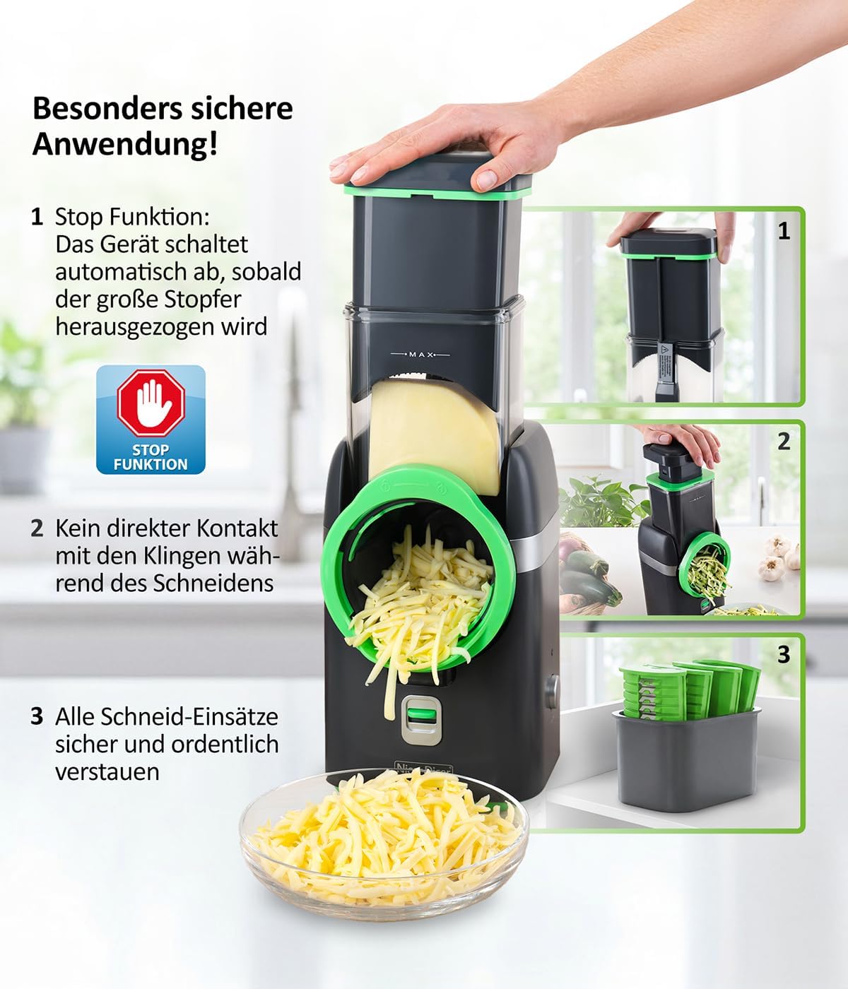 2026 Nicer Dicer Electro Gemüsehobel elektrisch Deluxe Set 32 tlg, Gemüseschneider automatisch, Käsereibe für Gemüse, Obst, Nüsse, 9 Extrascharfe Einsätze, Einfache Reinigung, Leistungsstark