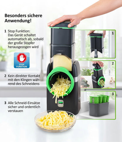 2026 Nicer Dicer Electro Gemüsehobel elektrisch Deluxe Set 32 tlg, Gemüseschneider automatisch, Käsereibe für Gemüse, Obst, Nüsse, 9 Extrascharfe Einsätze, Einfache Reinigung, Leistungsstark