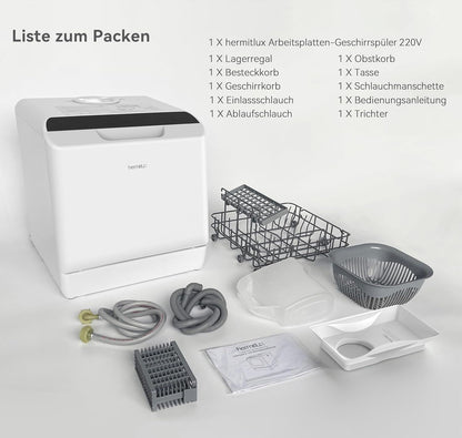 2026 Hermitlux Mini Geschirrspüler, Spülmaschine für 4 Bestecksätze, 5 Liter Wassertank, 6 Programme Mini Tischgeschirrspüler, Perfekt für Wohnungen, Schlafsäle, Camping, Weiß