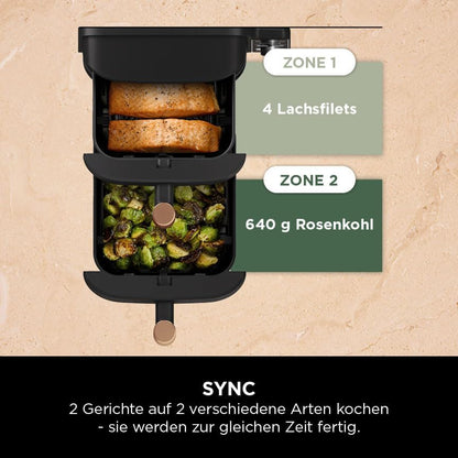 2026 Ninja Double Stack XL Heißluftfritteuse, 2 vertikale Schubladen, 4 Kochstufen, 2 Einschübe, platzsparendes Design, 9,5 L Fassungsvermögen, 6 Funktionen, 8 Portionen, Zange, Schwarz/Kupfer SL400EUCP