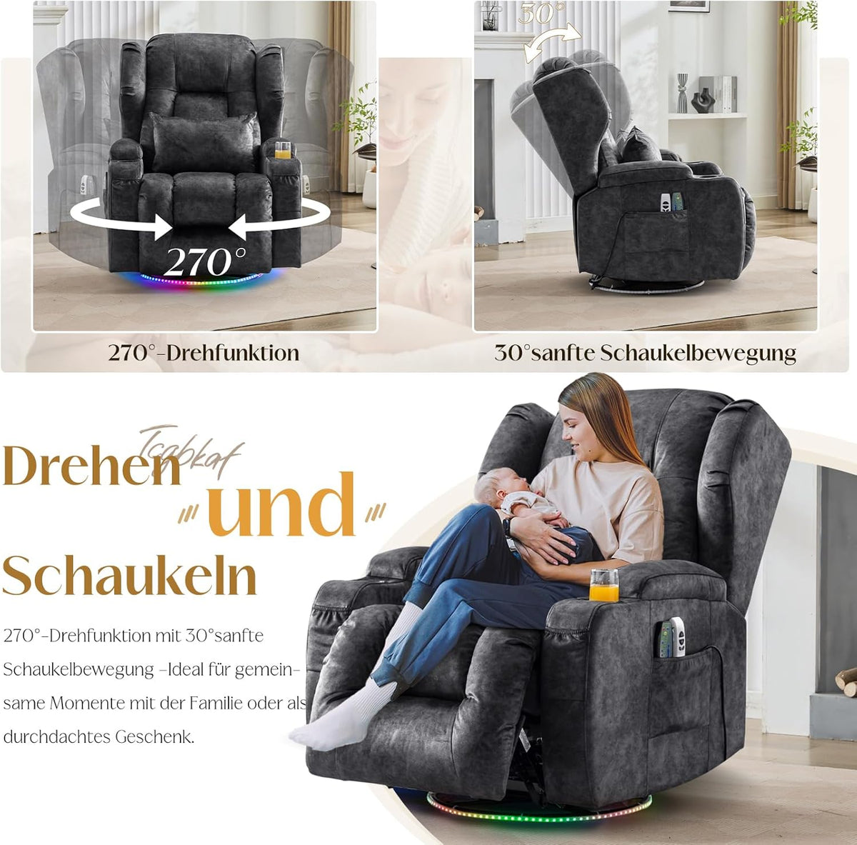 2026 Elektrischer Fernsehsessel Relaxsessel mit Liegefunktion,240°Drehsessel Kinosessel Massagesessel mit Wärmefunktion,TV Sessel Liegesessel fürs Wohnzimmer bis 150kg (Samtstoff, Grau)