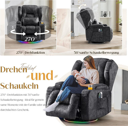 2026 Elektrischer Fernsehsessel Relaxsessel mit Liegefunktion,240°Drehsessel Kinosessel Massagesessel mit Wärmefunktion,TV Sessel Liegesessel fürs Wohnzimmer bis 150kg (Samtstoff, Grau)