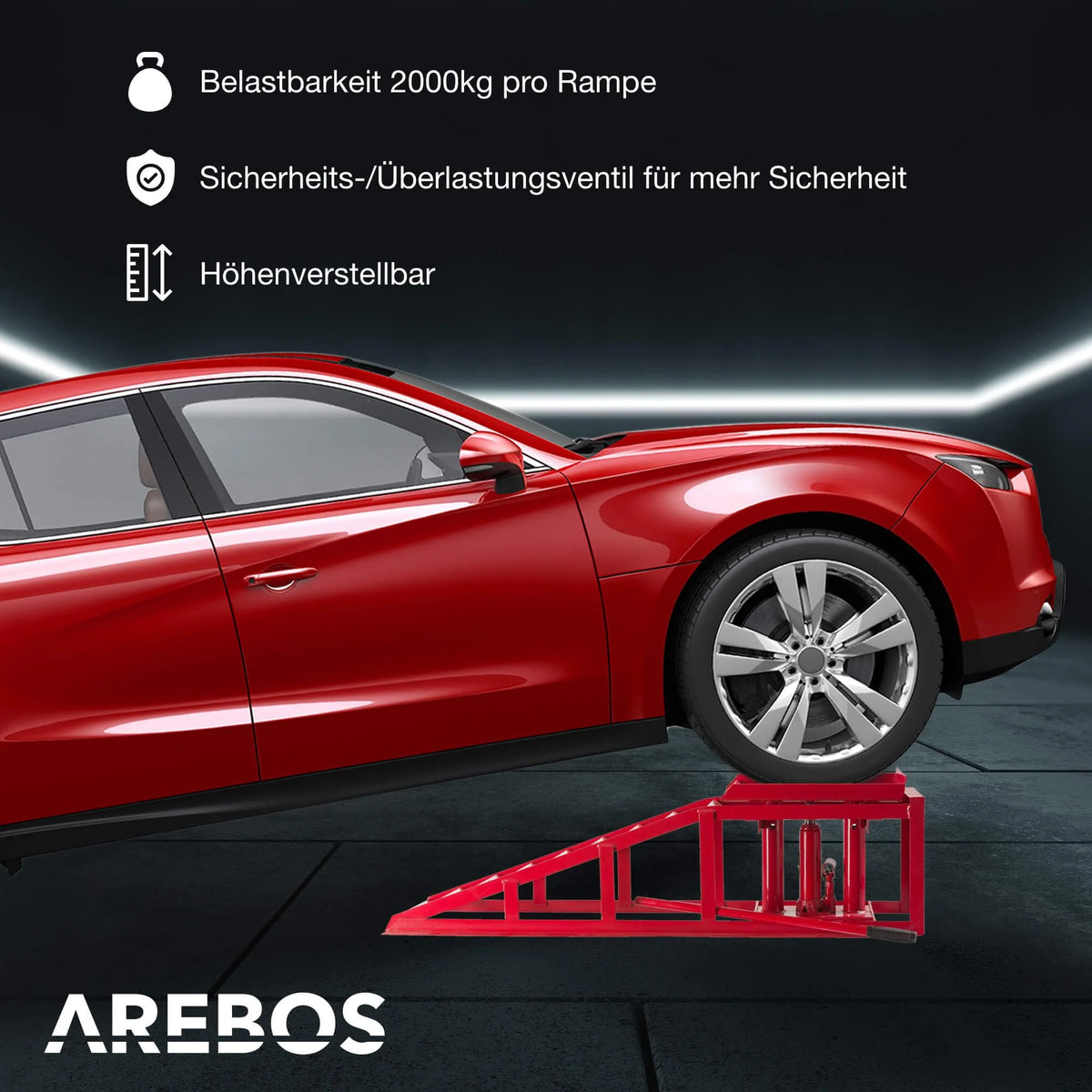 2026 2X Auffahrrampe mit hydraulischem Wagenheber höhenverstellbar 2 Tonnen für Auto und Werkstatt