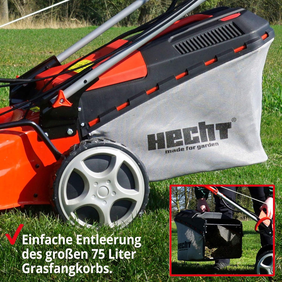 2026 HECHT 5-IN-1 Benzin Rasenmäher – leistungsstarker 4 Takt Eco Motor 4,4 kW (6,0 PS) – Elektrostart – 53 cm Schnittbreite – 75 l Fangkorb – Radantrieb – patentierte Räder – Mulchmäher
