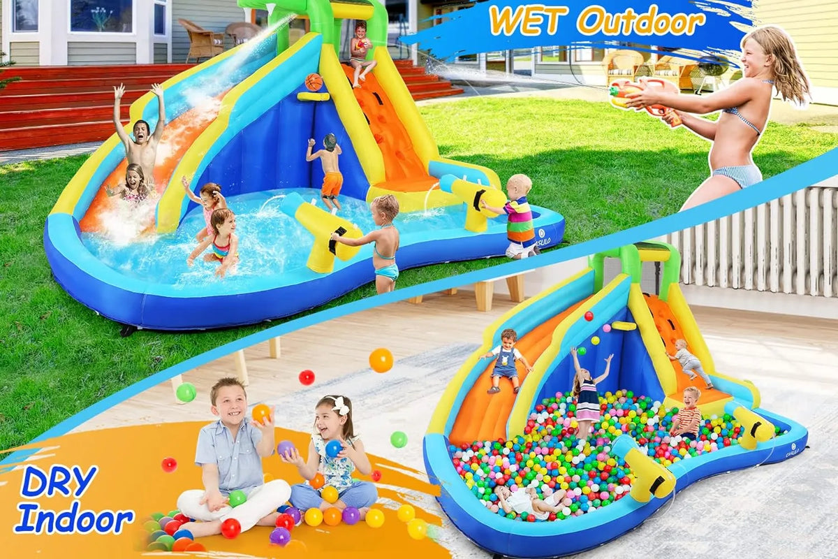 2026 Aufblasbare Wasserrutschen für Kinder, 8-in-1-Hüpfburg-Wasserpark mit 450-W-Gebläse, Kletterwand, Planschbecken, 2 Wasserkanonen, Basketballkorb, Wasserrutsche, Krokodilsprinkler als Geschenk für eine Gartenparty
