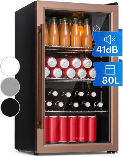 2026 Klarstein Mini Kühlschrank mit Glastür für Zimmer, Getrnkekühlschrank mit Verstellbaren Ablagen, Kleiner 80 Liter, Indoor/Outdoor Kühlschrank Leise