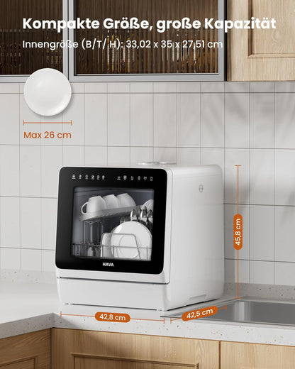 2026 HAVA 2025 NEUE Tischgeschirrspüler mit Wasserenthärter und erhöhter Energieeffizienz, Spülmaschine mit 8 Programmen, Kindersicherung & verzögerter Start, keine Installation erforderlich