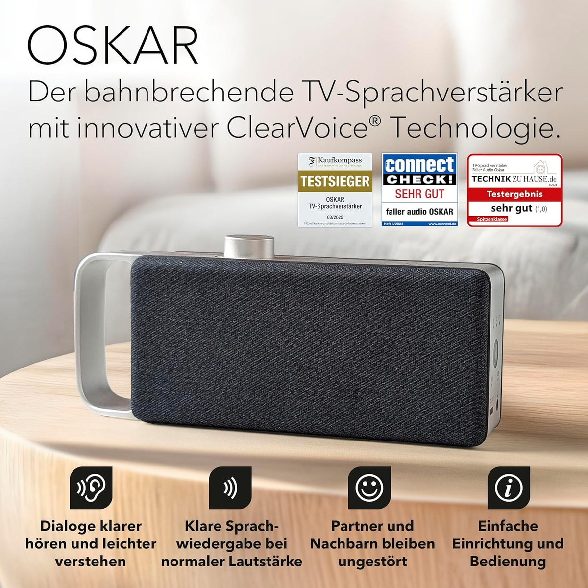 2026 faller Oskar TV Lautsprecher/Soundbar mit Clear Voice (tragbar, kabellos, einfache Bedienung, Aluminiumgehäuse)