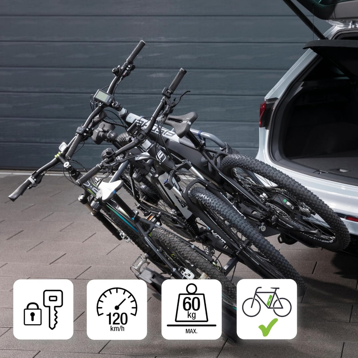 2026 Fischer Kupplungs-Fahrradträger ProlineEvo 2, für 2 Fahrräder bis 60kg Nutzlast, E-Bike geeignet, vormontiert, abschließbar, faltbar