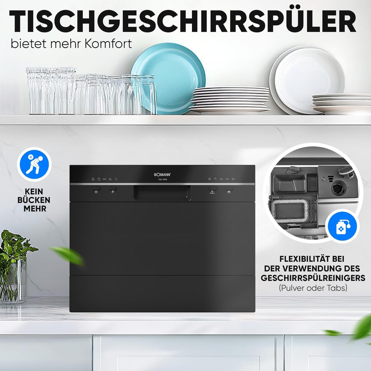 2026 Bomann Mini Geschirrspüler mit Wasseranschluss | inkl. Schlauch | Tisch Geschirrspüler leise | Mini Spülmaschine für kleine Küchen/Camping | Spülmaschine klein m. Überlaufsicherung | TSG 7405 schwarz