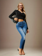 blaue denim jeans im used look damen
